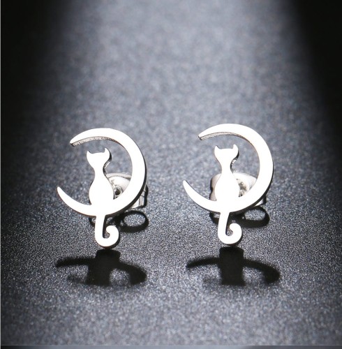 Kolczyki srebrne kot księżyc - stal chirurgiczna  