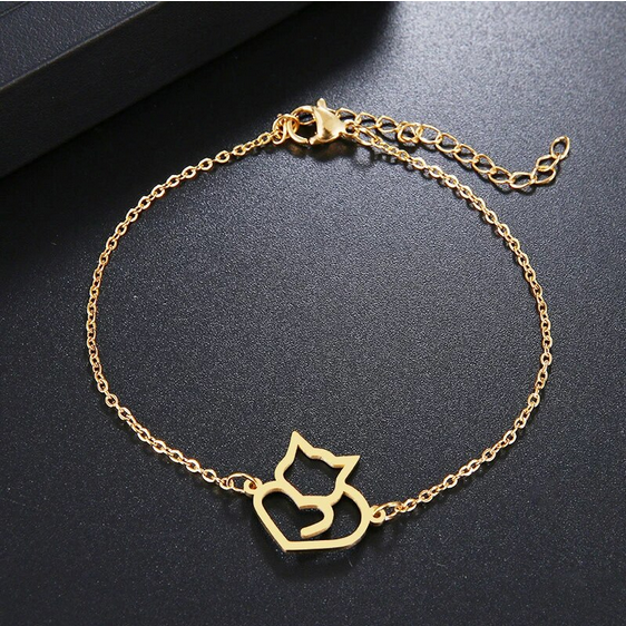 Bransoletka złota kotek z serduszkiem - stal chirurgiczna