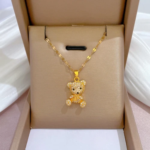 Złoty naszyjnik miś z cyrkoniami PREMIUM - stal chirurgiczna