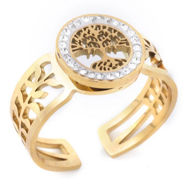 Pozłacany pierścionek uniwersalny drzewko szczęścia - stal chirurgiczna