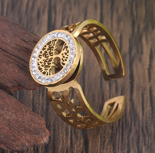 Pozłacany pierścionek uniwersalny drzewko szczęścia - stal chirurgiczna