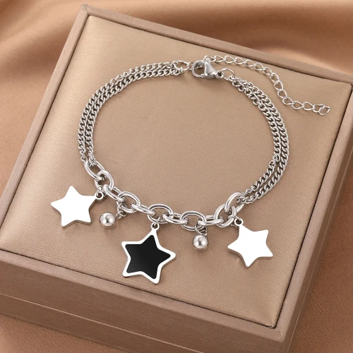 Bransoletka podwójna gwiazdka czarna ze stali chirurgicznej 