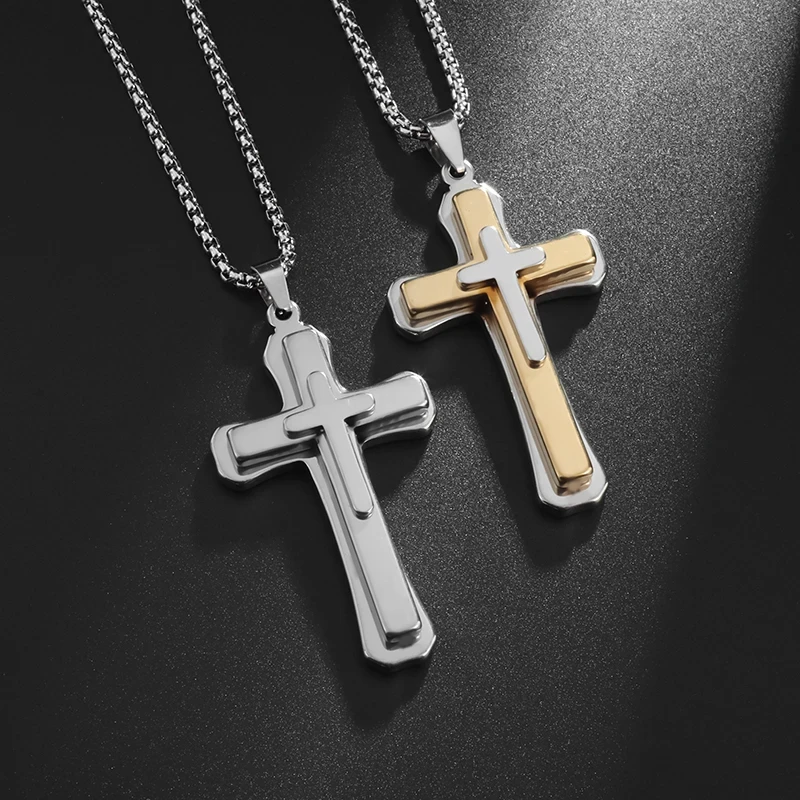 Naszyjnik krzyż potrójny męski stal chirurgiczna