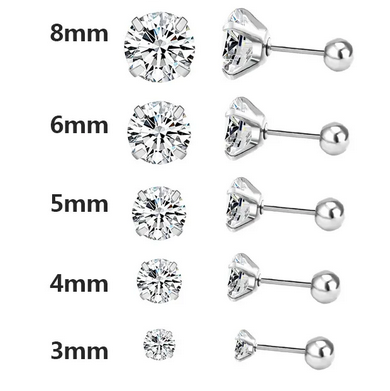 Zestaw srebrnych kolczyków ze stali chirurgicznej z pojedynczą cyrkonią w rozmiarach 3mm, 5mm i 8mm, widoczne zapięcie na zakręcaną kuleczkę.