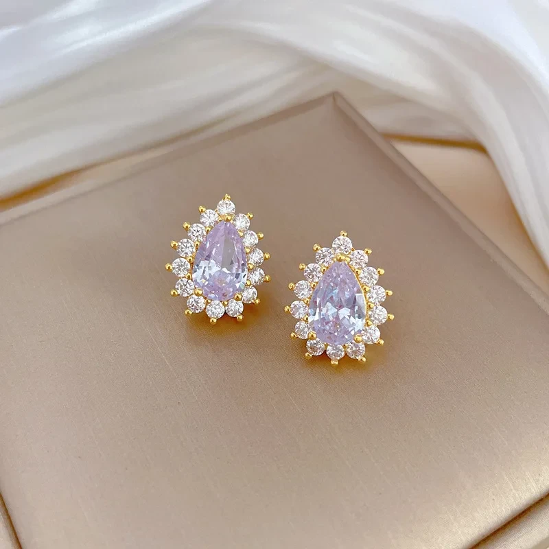 Komplet ślubny kryształowa łezka kolczyki + naszyjnik - pozłacana stal chirurgiczna