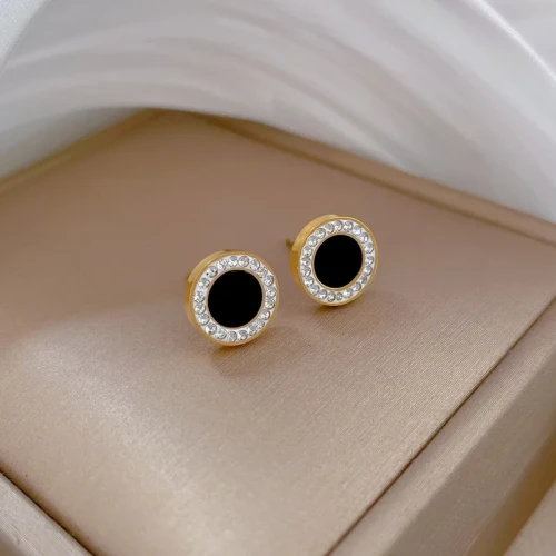 Złote Kolczyki Czarne Kółka z Cyrkoniami – Stal Chirurgiczna