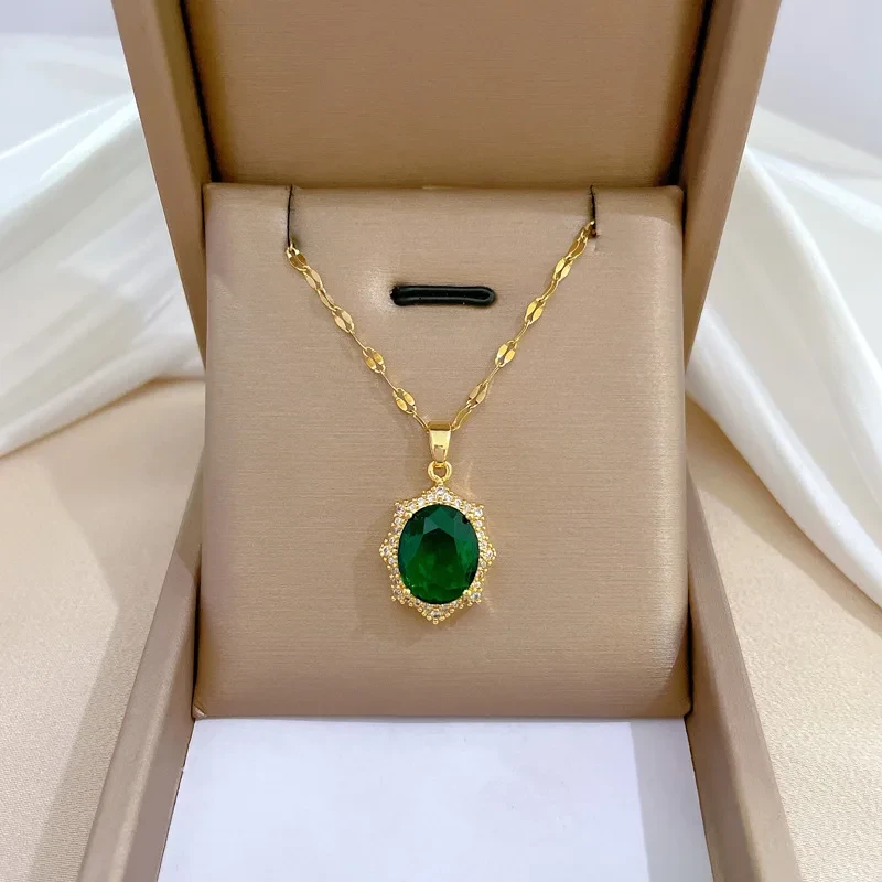 Komplet zielony kamień kolczyki + naszyjnik - pozłacana stal chirurgiczna