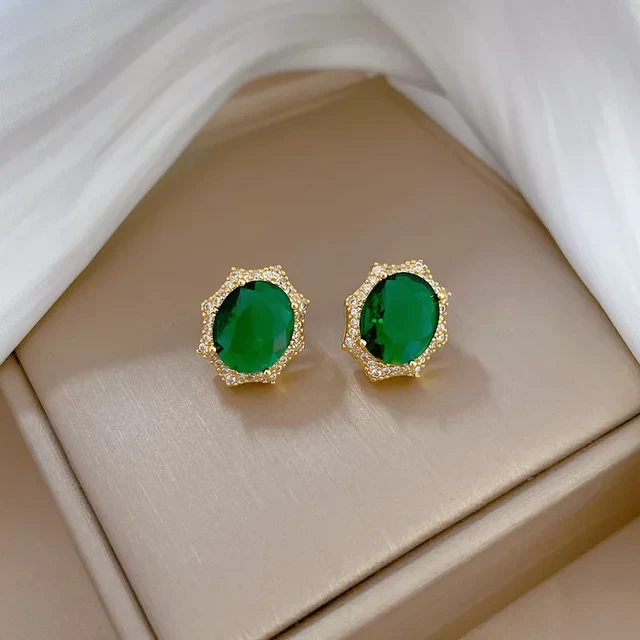 Komplet zielony kamień kolczyki + naszyjnik - pozłacana stal chirurgiczna