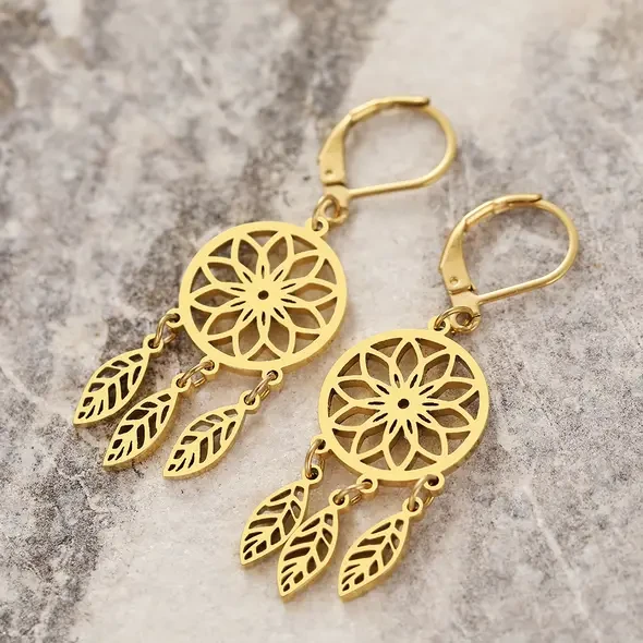 Złote kolczyki łapacz snów - stal chirurgiczna - LUKSURA