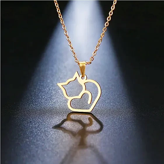 Naszyjnik złoty / srebrny kotek z serduszkiem - stal chirurgiczna - LUKSURA