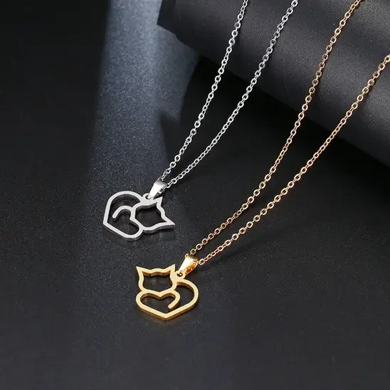 Naszyjnik złoty / srebrny kotek z serduszkiem - stal chirurgiczna - LUKSURA