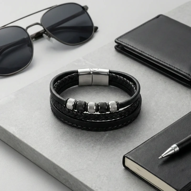 Męska Bransoletka Skórzana z Teksturowanymi Pierścieniami – Stal 316L - business.webp