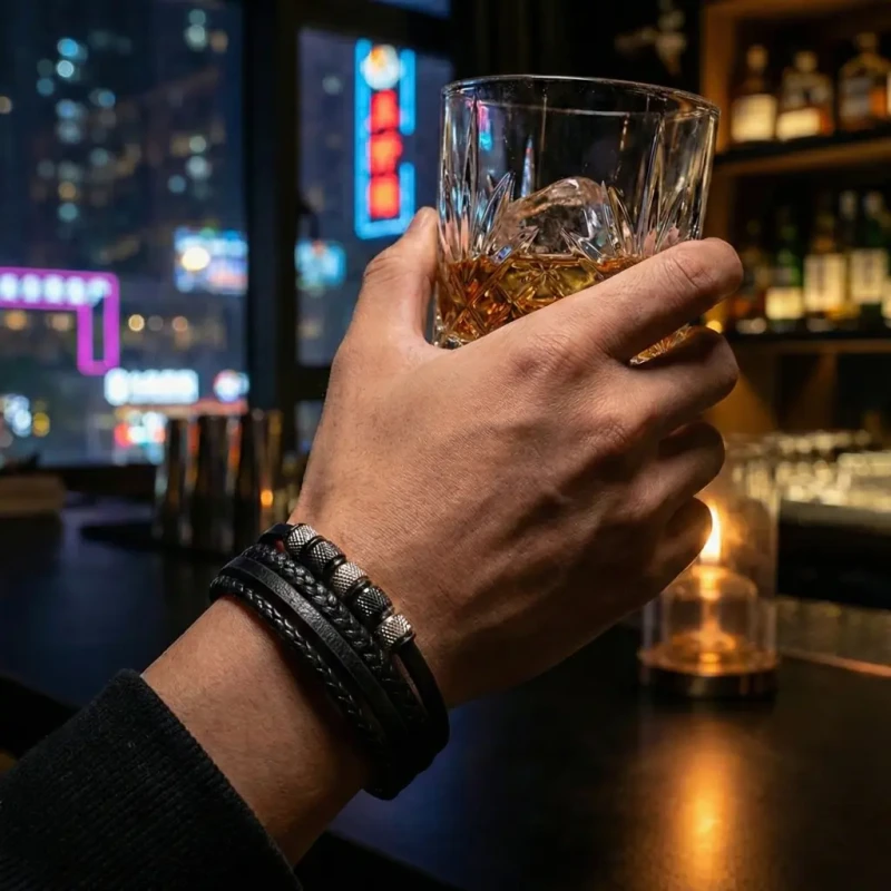 Męska Bransoletka Skórzana z Teksturowanymi Pierścieniami – Stal 316L - party.webp