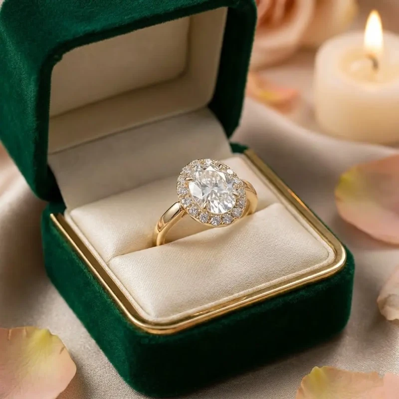 Złoty pierścionek ze stali chirurgicznej z dużą owalną cyrkonią otoczoną mniejszymi kamieniami w stylu halo, prezentowany na jasnym tle.