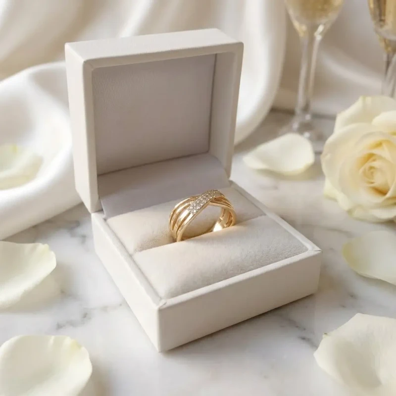 Szeroki złoty pierścionek na dłoni o przeplatanym wzorze, wykonany ze stali chirurgicznej, zdobiony cyrkoniami i ryflowaną fakturą.