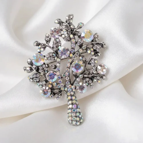 Broszka Drzewko Szczęścia z Opalizującymi Kryształami – Vintage Style