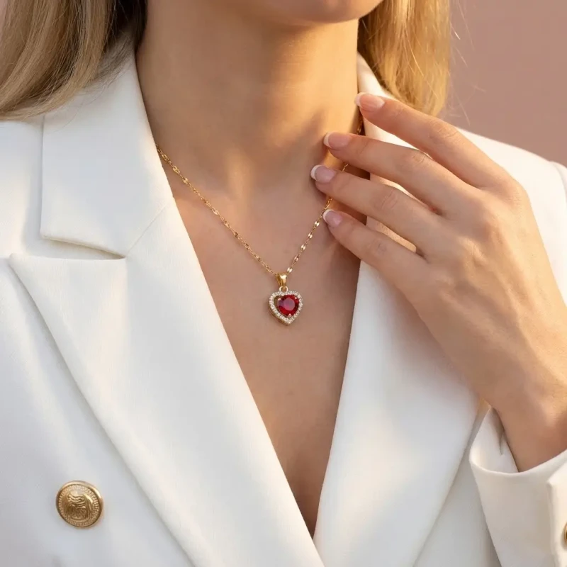 ser ok2.webpZłoty naszyjnik ze stali chirurgicznej na ozdobnym łańcuszku, z zawieszką w kształcie czerwonego serca otoczonego białymi cyrkoniami.