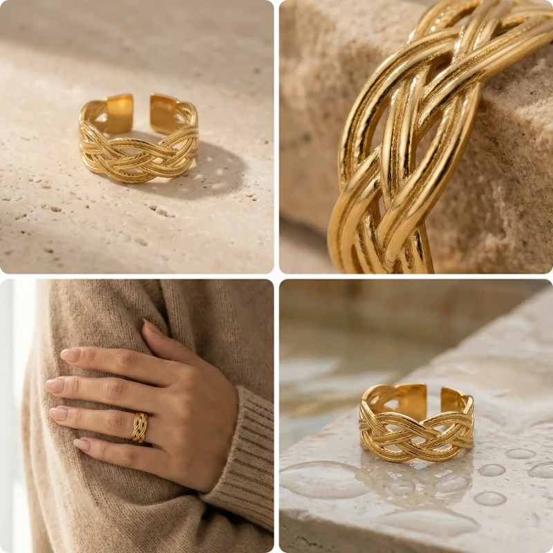 Złoty pierścionek regulowany ze stali chirurgicznej z szeroką obrączką o strukturze przeplatanej plecionki (warkocza)aa.webp