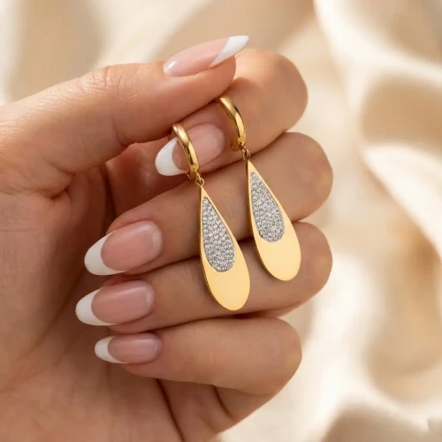 Złote Kolczyki Wiszące Łezki z Cyrkoniami – Stal Chirurgiczna