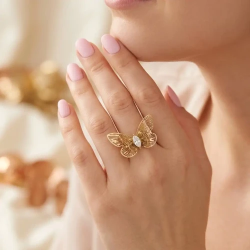Złoty Pierścionek Duży Ażurowy Motyl Cyrkonia – Stal Szlachetna
