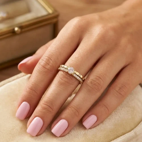 Złoty Pierścionek  Zaręczynowy Podwójny z Cyrkoniami – Stal Chirurgiczna