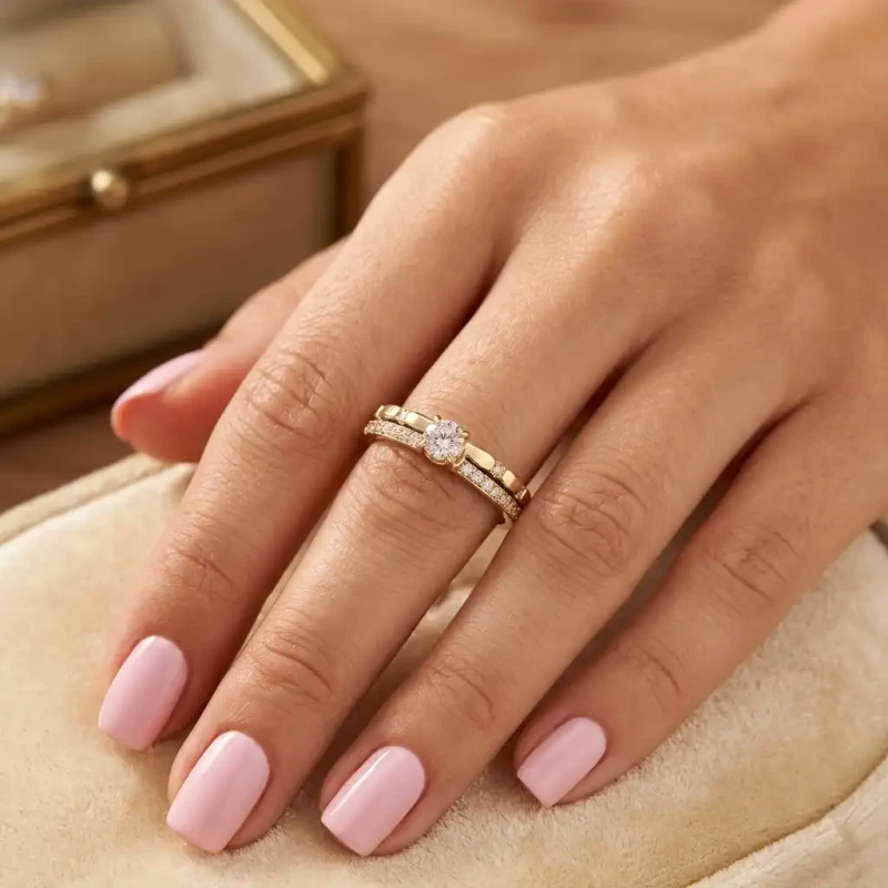 Kobieca dłoń z różowym manicure prezentująca złoty, podwójny pierścionek ze stali chirurgicznej. Biżuteria składa się z gładkiej obrączki z dużą, okrągłą cyrkonią w centrum, połączonej z drugą, węższą obrączką gęsto wysadzaną rzędem maleńkich cyrkonii.