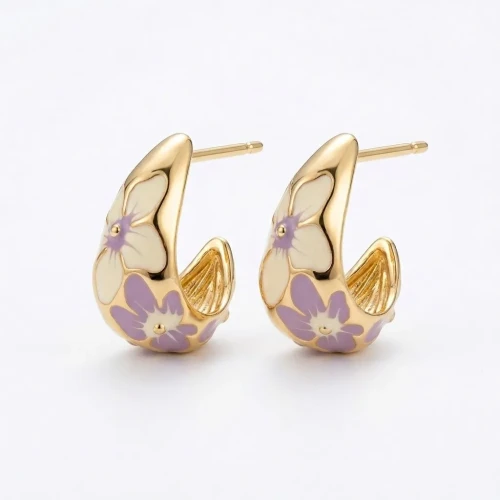 Złote Kolczyki Półkola Emaliowane Kwiaty – Stal Chirurgiczna