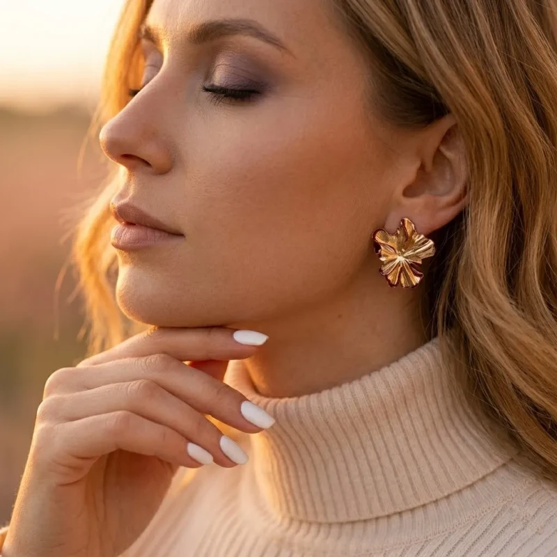 Złote kolczyki na sztyfcie w kształcie przestrzennych, pofalowanych kwiatów. Krawędzie rozłożystych płatków wykończone są cienką, bordową emalią.