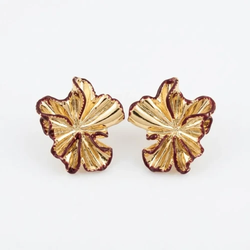 Złote Kolczyki Przestrzenne Kwiaty Bordowe Krawędzie – Stal Szlachetna