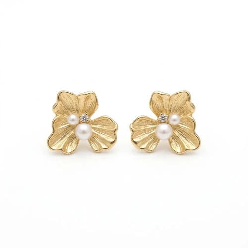 Złote Kolczyki Kwiaty z Perłami i Cyrkonią – Stal Szlachetna