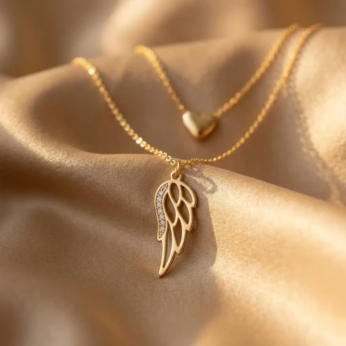 Złoty Naszyjnik Podwójny Skrzydło Anioła i Serce – Stal Szlachetna