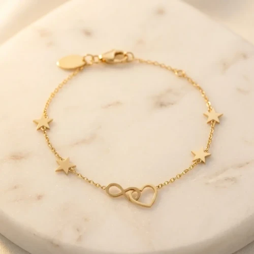 Złota Bransoletka Serce Nieskończoność i Gwiazdki – Stal Szlachetna