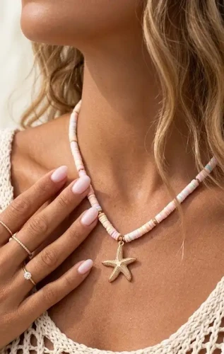 Pastelowy Naszyjnik z Koralików Złota Rozgwiazda – Styl Surfer / Boho