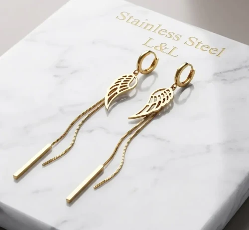 Długie Złote Kolczyki Wiszące Skrzydła i Łańcuszki (10 cm) – Stal 316L