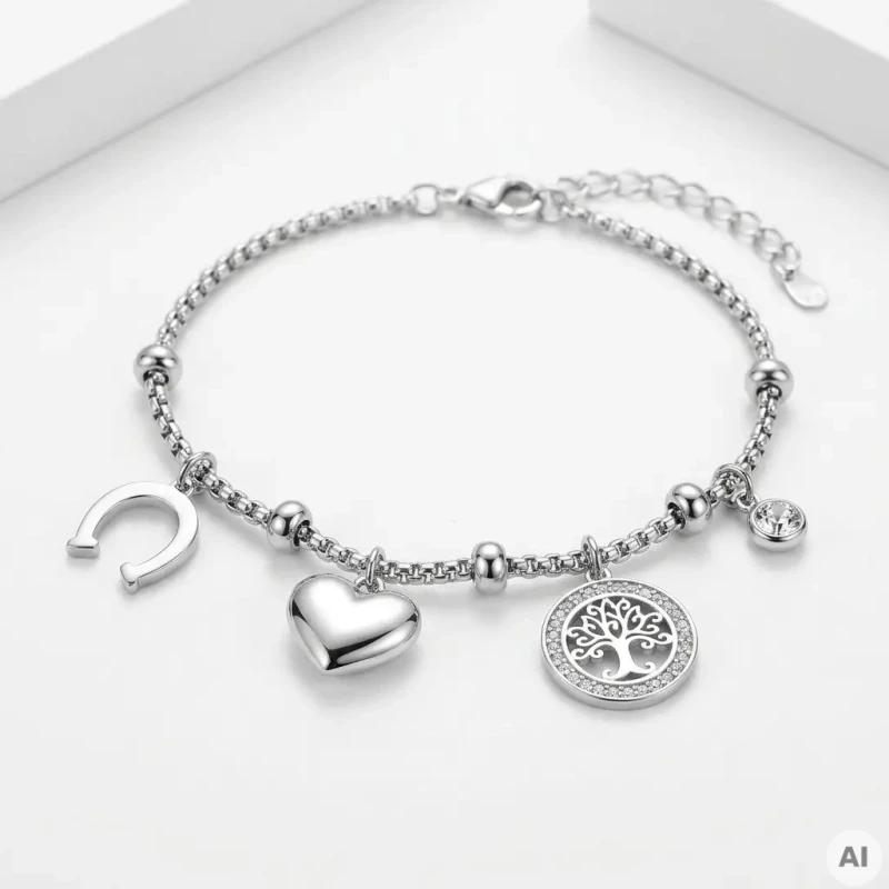 Srebrna bransoletka ze stali chirurgicznej w stylu charms. Na grubym łańcuszku, przedzielonym gładkimi koralikami, zawieszono podkowę na szczęście, trójwymiarowe serce, okrągłe drzewko szczęścia z cyrkoniami oraz pojedynczą cyrkonię w oprawie.