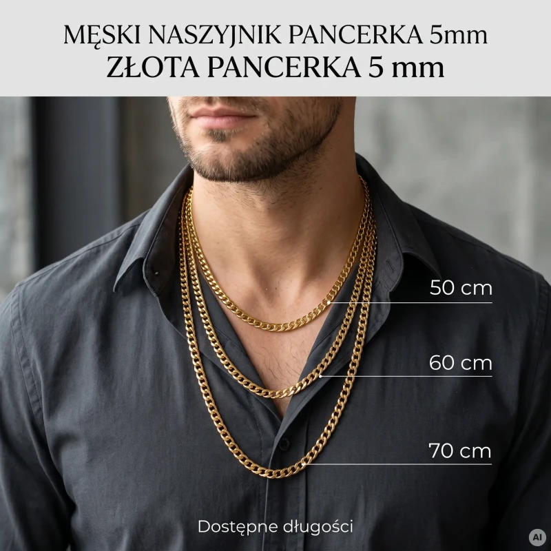 Mężczyzna w ciemnej koszuli prezentujący klasyczne, złote łańcuchy męskie o splocie pancerka o szerokości 5 mm, w wariantach długości 50 cm, 60 cm i 70 cm.