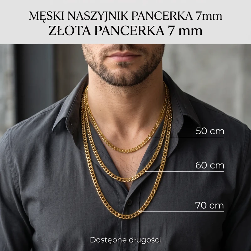 Mężczyzna w ciemnej koszuli prezentujący klasyczne, złote łańcuchy męskie o splocie pancerka (szerokość 7 mm) w trzech dostępnych długościach: 50 cm, 60 cm i 70 cm.