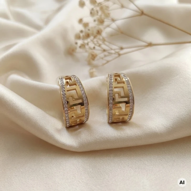 Pozłacane, półokrągłe kolczyki ze stali chirurgicznej (wielkość ok. 2,2 cm) zdobione greckim motywem meandra i pasmami lśniących cyrkonie po bokach, z widocznym sztyftem.