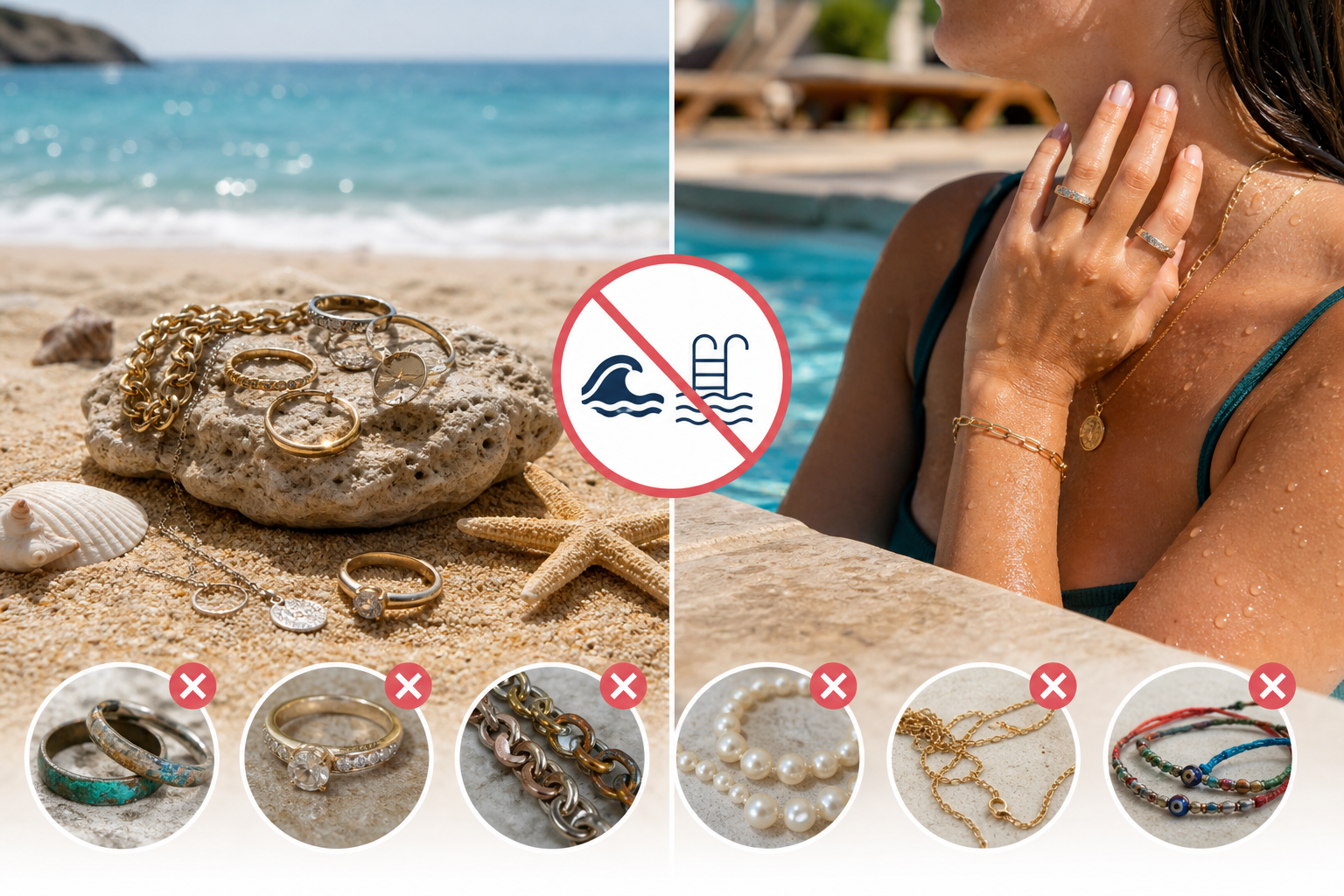 Biżuteria a woda morska i basen — czego nie nosić na plaży?